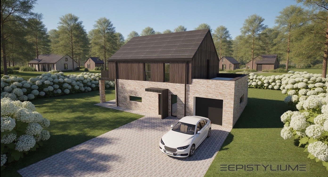 Wizualizacja nowoczesnego domu dwukondygnacyjnego z garażem, z elewacją z cegły i drewna, otoczonego zielenią i kwitnącymi hortensjami. Na podjeździe stoi biały samochód.