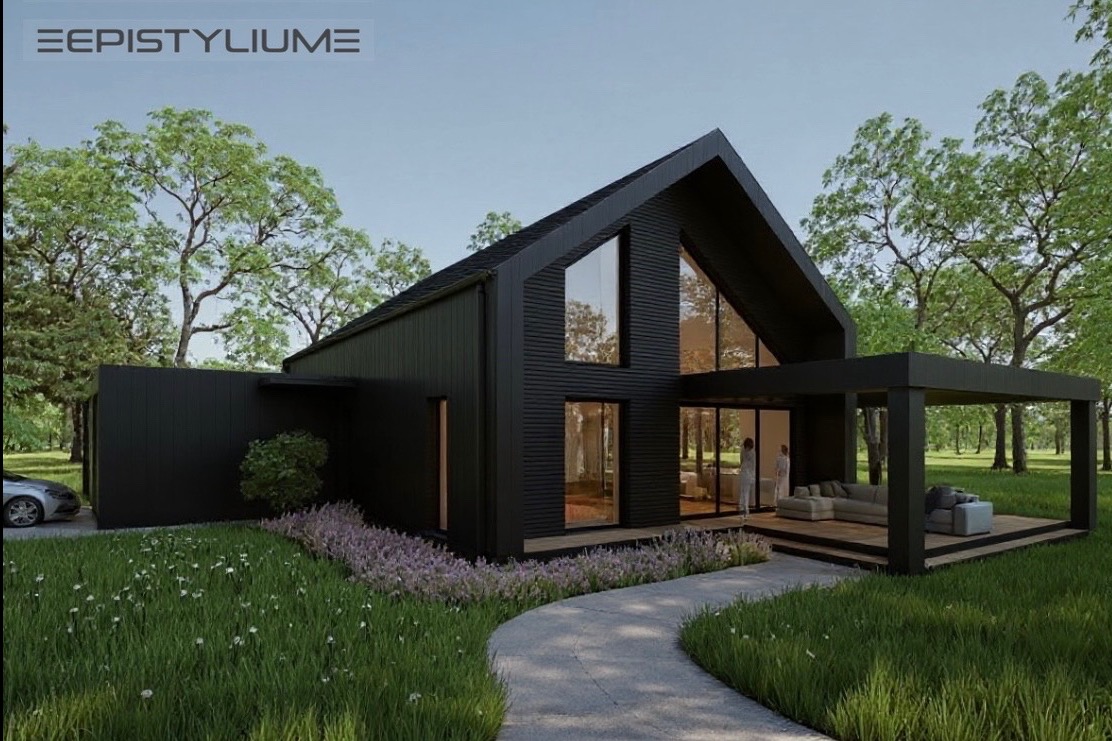 Czarny, nowoczesny dom z dużymi oknami i tarasem, otoczony zielenią. Ścieżka prowadzi do wejścia. Widoczny samochód i starannie zaprojektowany ogród.