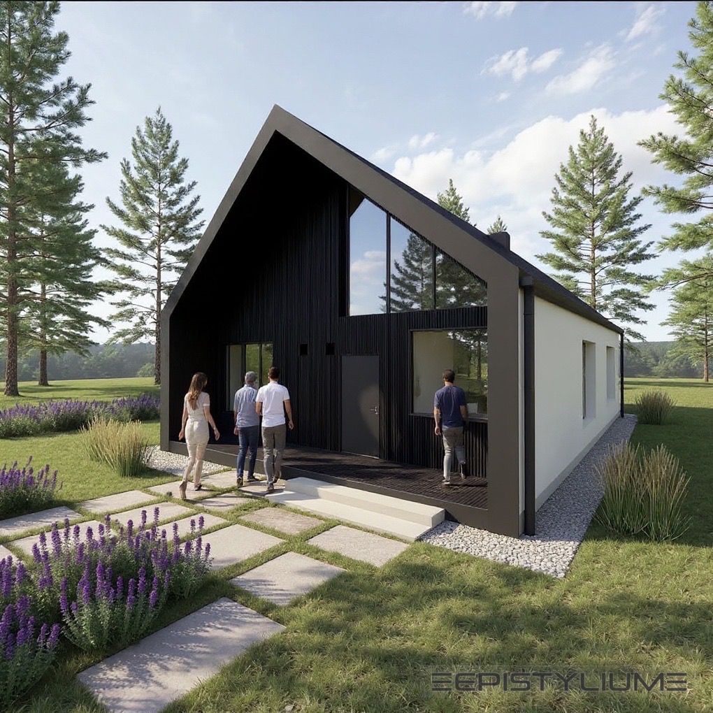 Wizualizacja nowoczesnego domu jednorodzinnego z czarną elewacją i dużymi oknami, otoczonego zielenią i ścieżką z płyt betonowych. Grupa osób wchodzi do budynku.