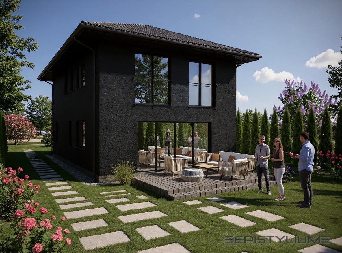 Czarny, dwukondygnacyjny dom z tarasem i ogrodem. Na tarasie meble wypoczynkowe. Na pierwszym planie ścieżka z płyt na trawie. Rozmawiające osoby na tle domu.