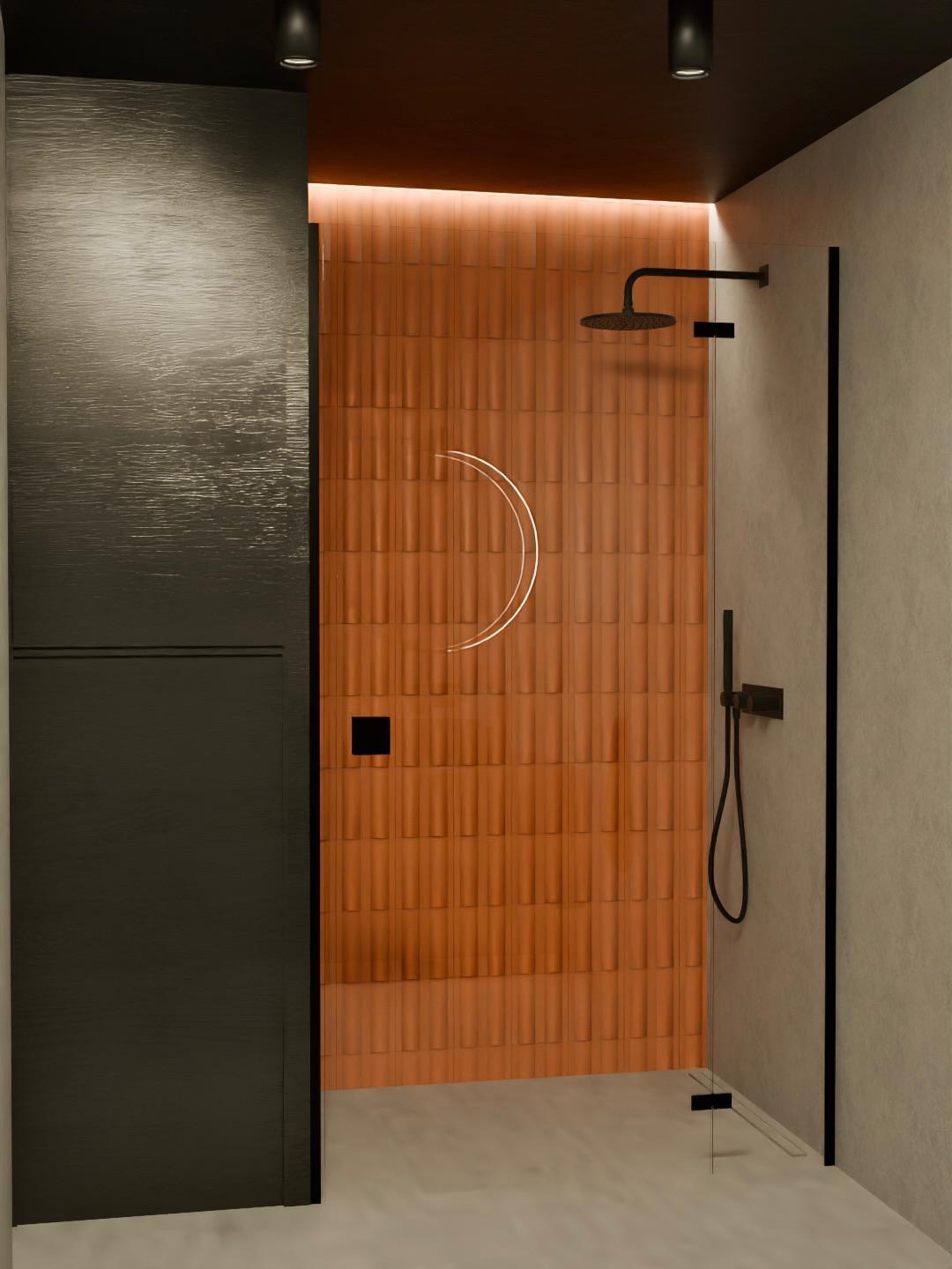 Nowoczesna łazienka z kabiną prysznicową typu walk-in, wykończona terakotową płytką wertykalną i czarną armaturą. Minimalistyczny design z oświetleniem LED.