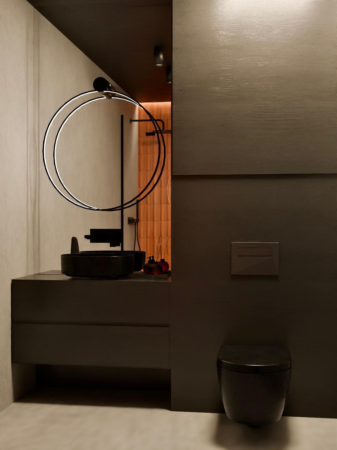 Nowoczesna łazienka w ciemnej tonacji z okrągłym lustrem podświetlanym LED, wiszącą toaletą i umywalką nablatową. Minimalistyczny design z akcentami drewna w tle.