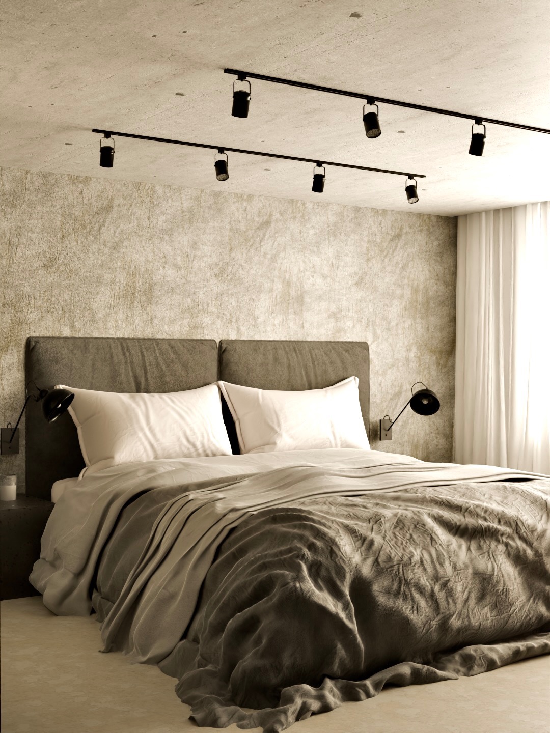 Minimalistyczna sypialnia z szarą pościelą, betonową ścianą i nowoczesnym oświetleniem szynowym. Stonowana kolorystyka, lampki nocne na ścianie, białe zasłony.