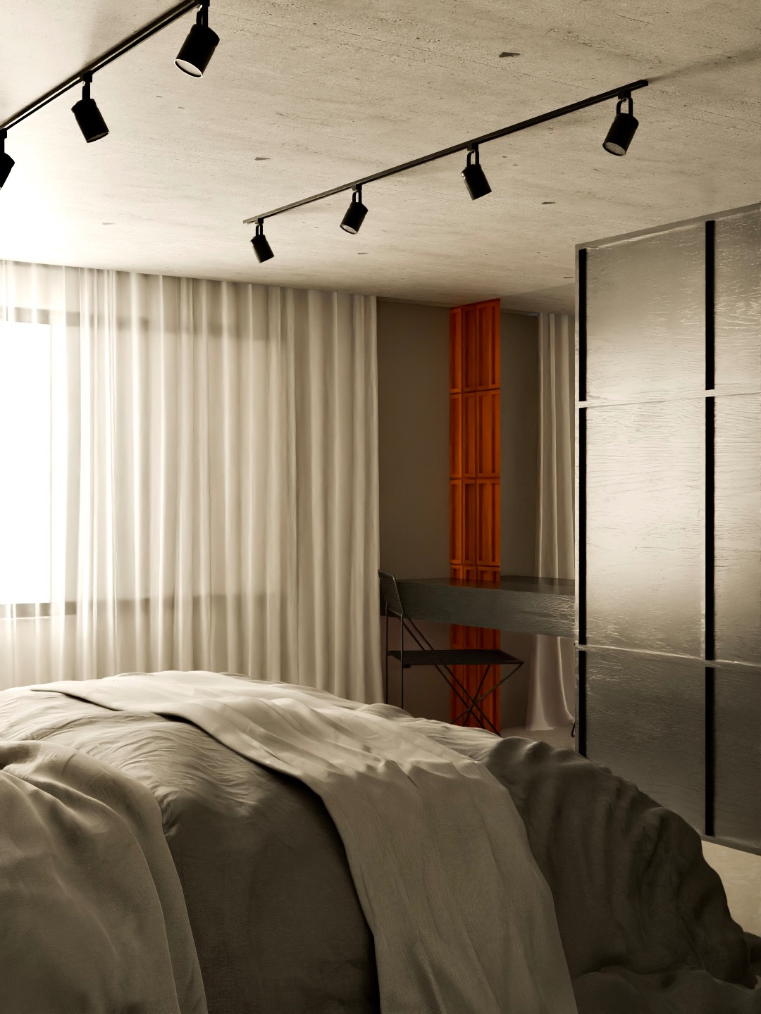 Nowoczesna sypialnia z łóżkiem w odcieniach szarości, oświetleniem szynowym i pomarańczowym akcentem dekoracyjnym w tle. Minimalistyczny design z surowym betonowym sufitem.