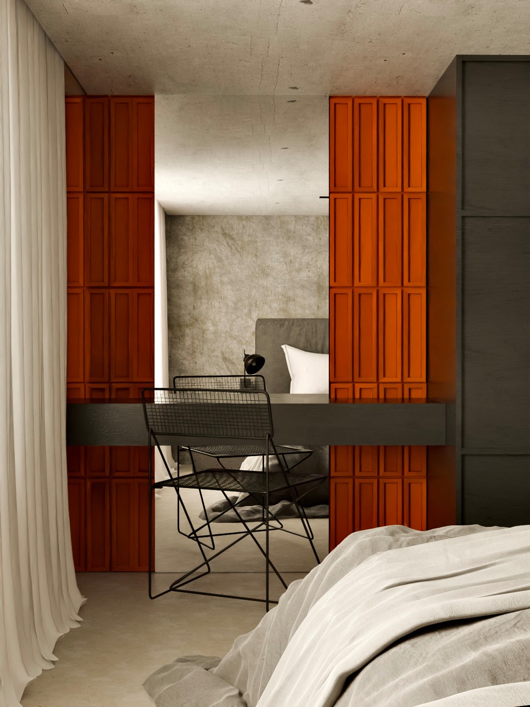 Nowoczesna sypialnia z pomarańczowymi panelami ściennymi, minimalistycznym biurkiem i metalowym krzesłem. Widok z perspektywy łóżka z białą pościelą.