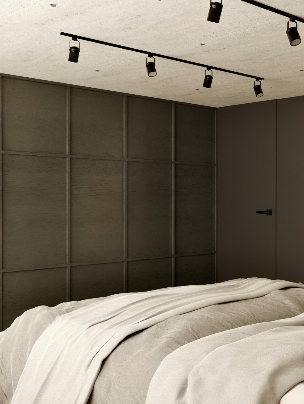 Minimalistyczna sypialnia z ciemnobrązową ścianą w kratkę, oświetleniem punktowym na szynie i łóżkiem z jasną pościelą. Nowoczesny design wnętrza.