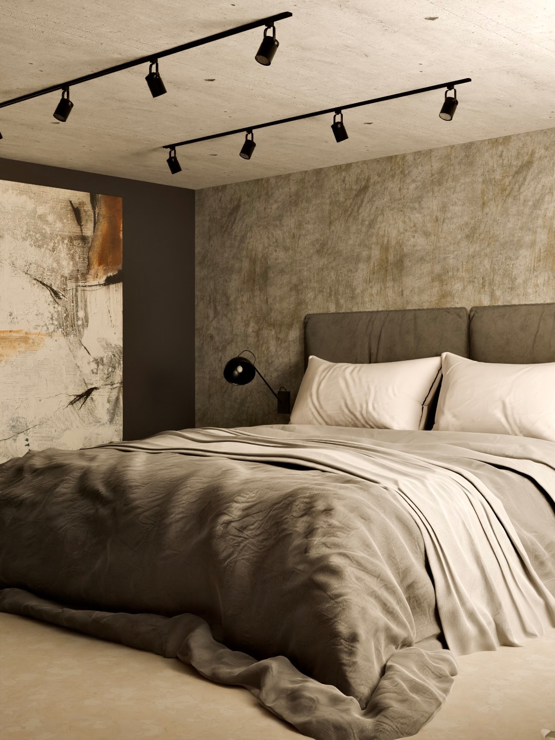 Nowoczesna sypialnia z szarą pościelą i betonową ścianą, oświetlona reflektorami na szynoprzewodzie. Abstrakcyjny obraz na ścianie dodaje charakteru wnętrzu.