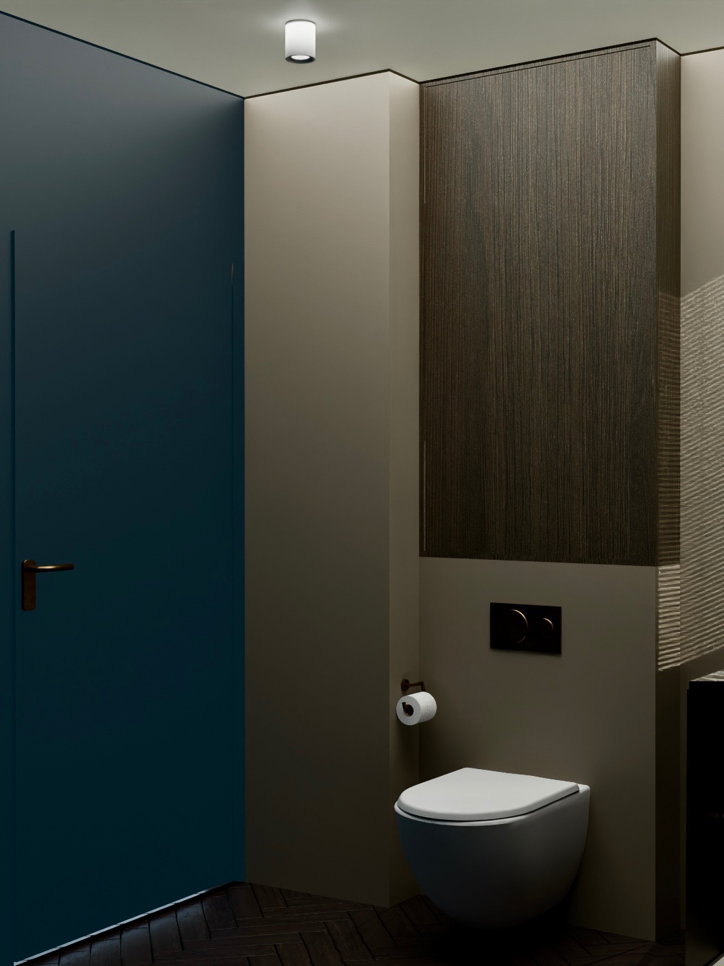 Nowoczesna łazienka z wiszącą toaletą, ciemnym drewnem na ścianie i granatowymi drzwiami. Parkiet w jodełkę na podłodze. Minimalistyczne oświetlenie sufitowe.