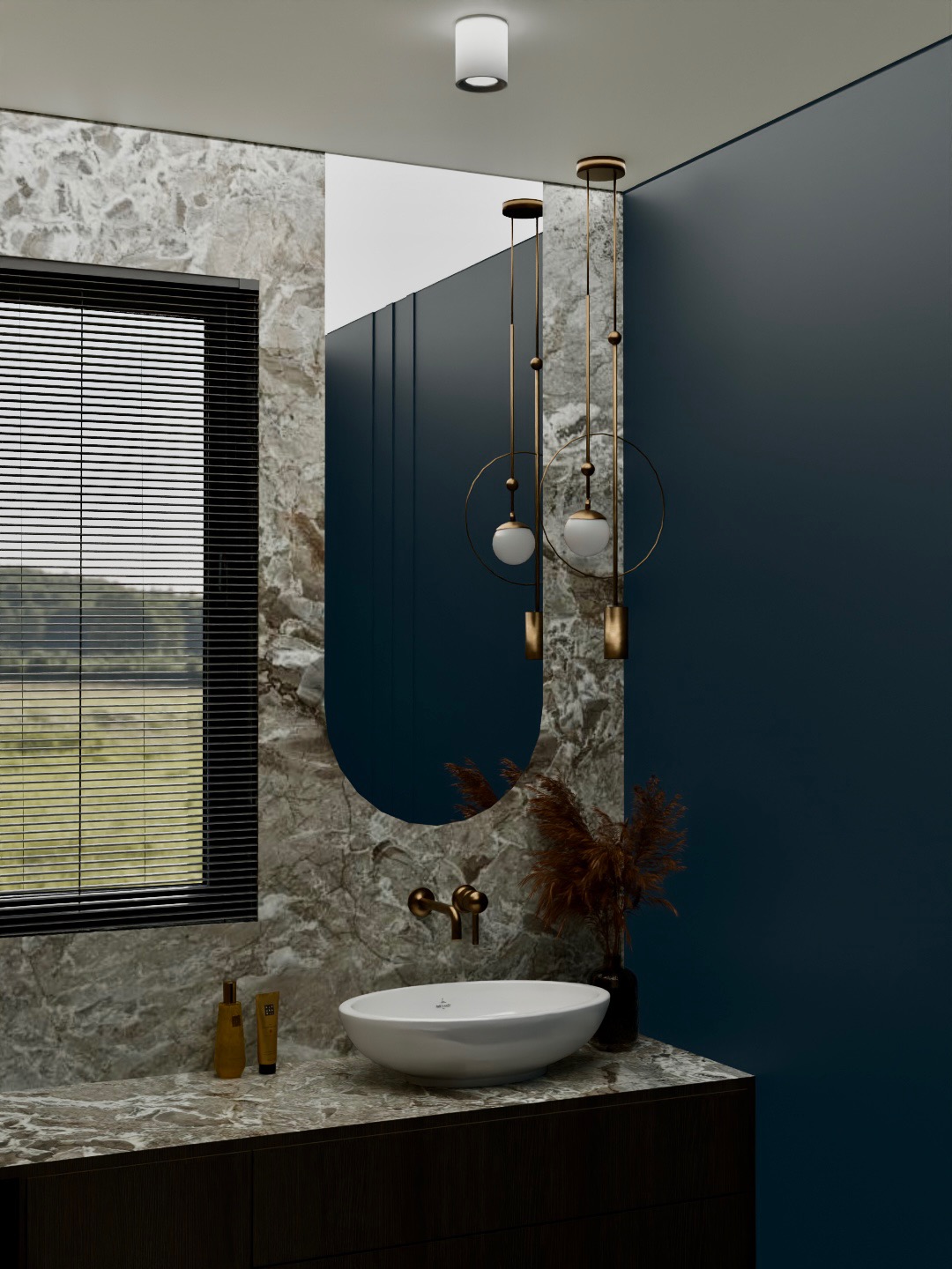 Nowoczesna łazienka z marmurową ścianą, owalną umywalką i złotymi detalami oświetlenia. Minimalistyczny design z akcentem na naturalne materiały i stonowaną kolorystykę.