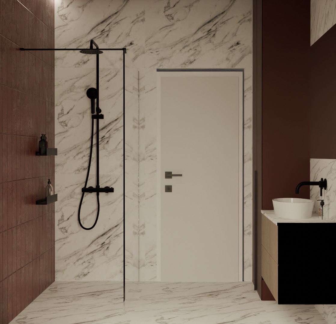 Nowoczesna łazienka z marmurowymi płytkami, czarną armaturą i kabiną prysznicową typu walk-in. Umywalka nablatowa i minimalistyczne półki dodają elegancji.