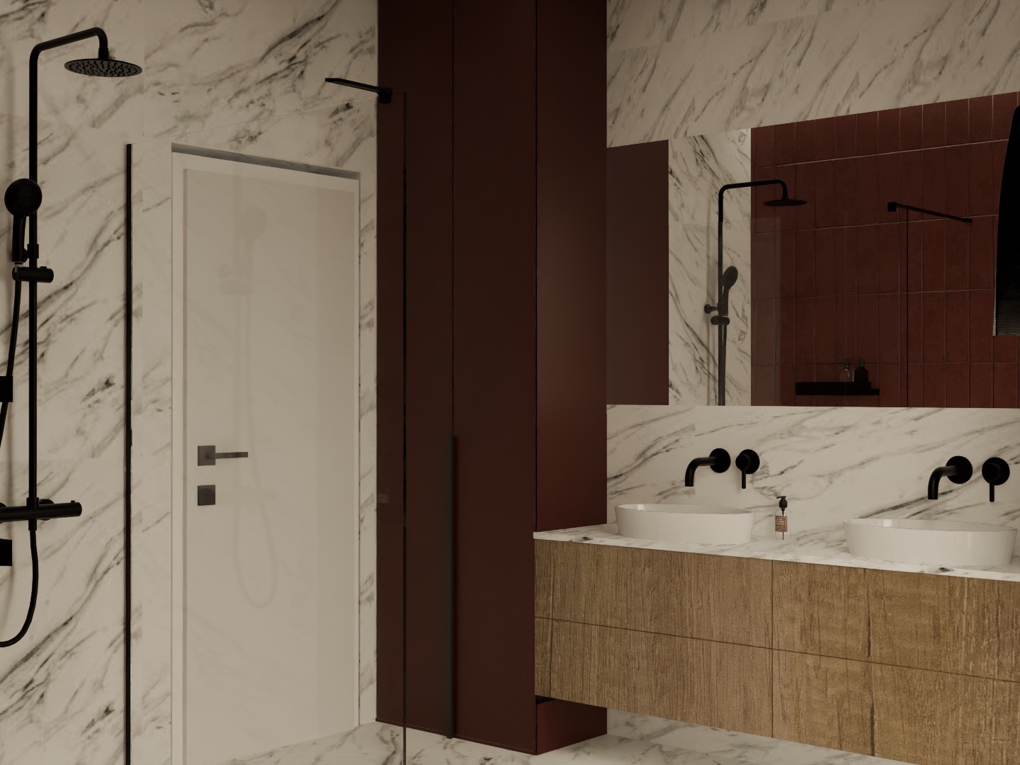 Nowoczesna łazienka z marmurowymi ścianami, brązowymi szafkami i czarną armaturą. Dwie umywalki nablatowe i kabina prysznicowa typu walk-in.
