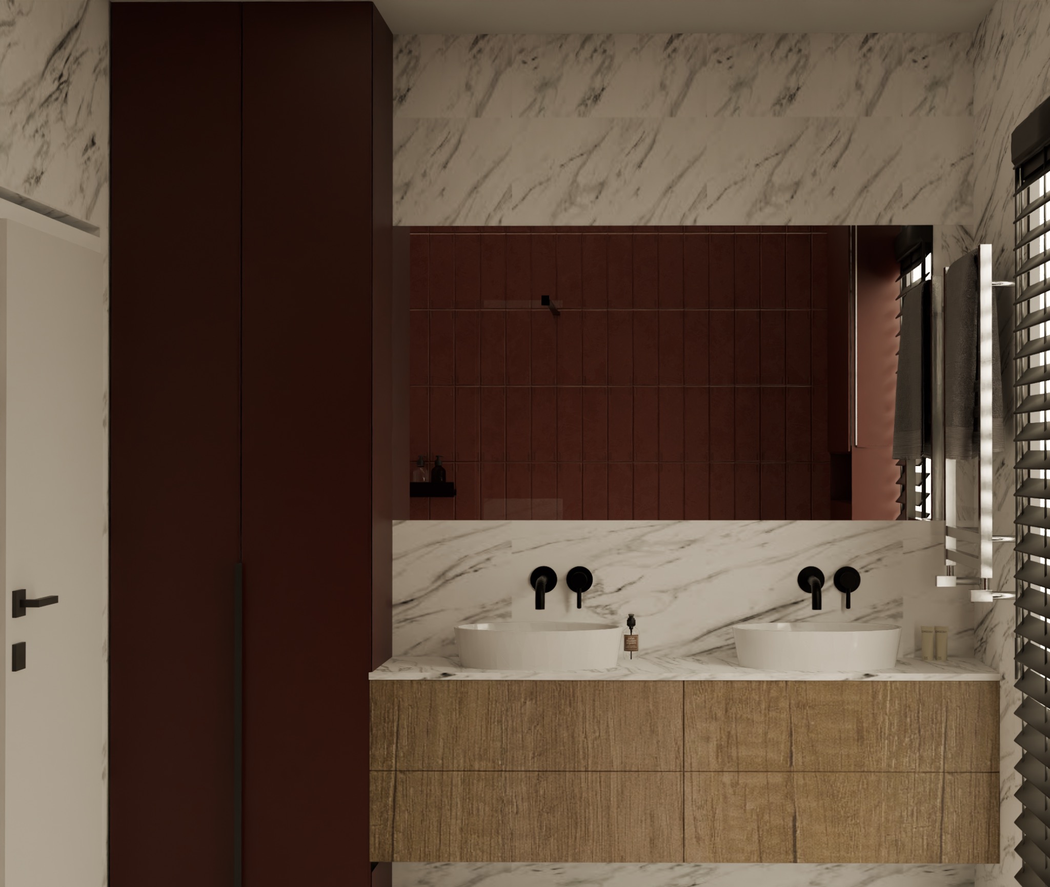 Nowoczesna łazienka z marmurowymi ścianami, drewnianą szafką pod umywalką i dużym lustrem odbijającym czerwoną ścianę. Minimalistyczny design, eleganckie wykończenie.