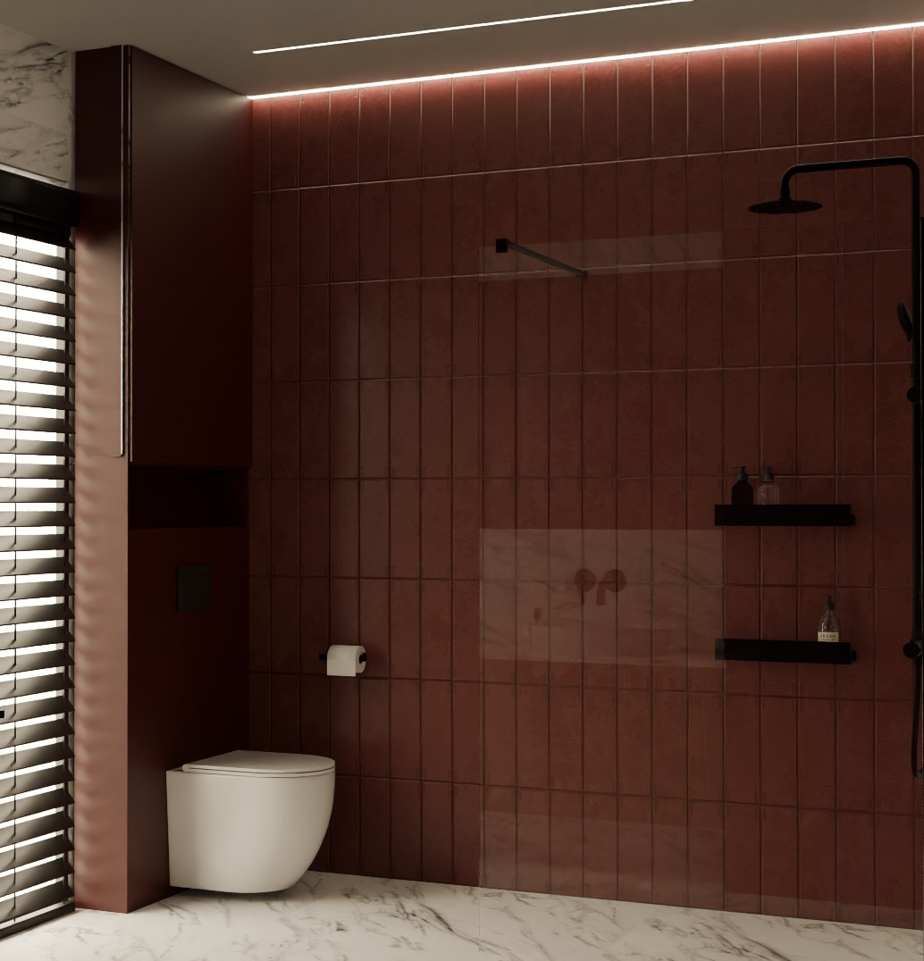 Nowoczesna łazienka z brązowymi, pionowo ułożonymi płytkami, białym marmurem na podłodze i minimalistyczną armaturą w kolorze czarnym. Widoczny prysznic typu walk-in.