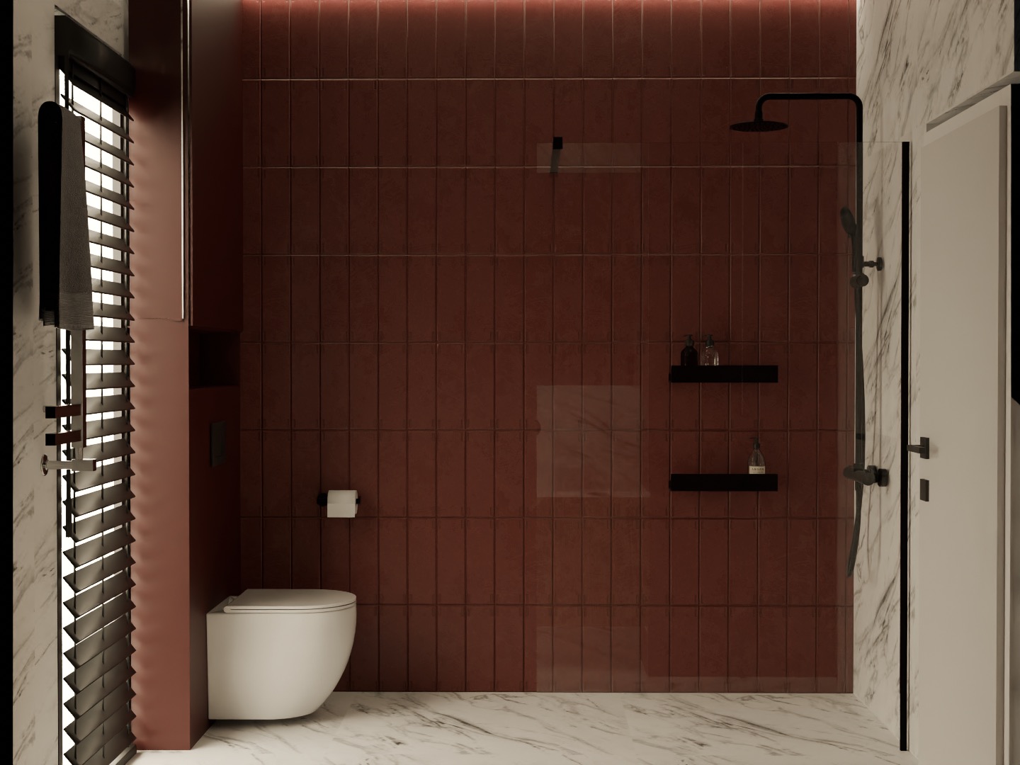 Nowoczesna łazienka z brązowymi, pionowymi płytkami, białą armaturą i marmurową podłogą. Kabina prysznicowa ze szklaną ścianą i czarną armaturą.