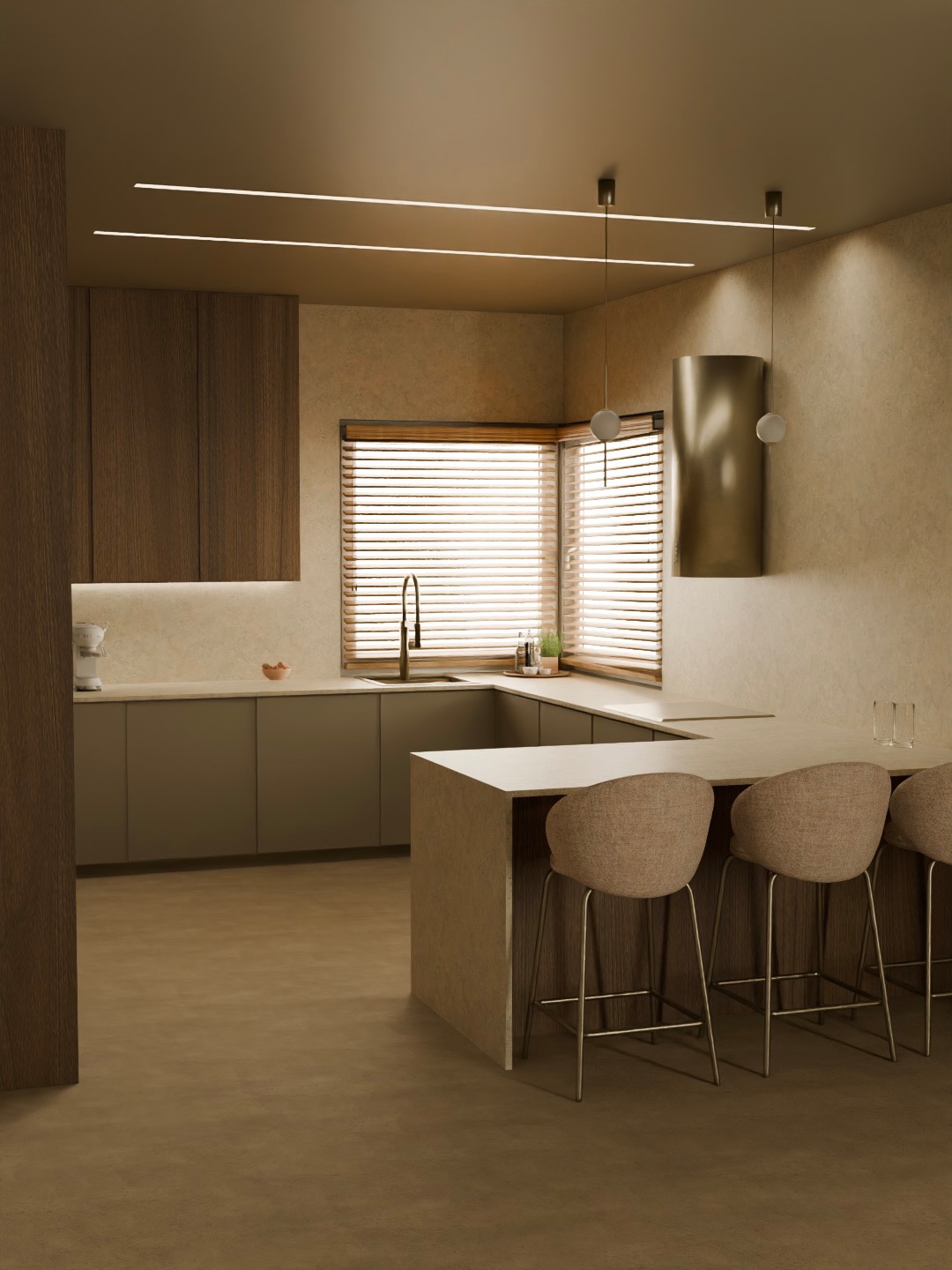 Neutralna kolorystyka nowoczesnej kuchni z wyspą i hokerami. Minimalistyczne oświetlenie sufitowe i drewniane żaluzje okienne. Stonowana elegancja.