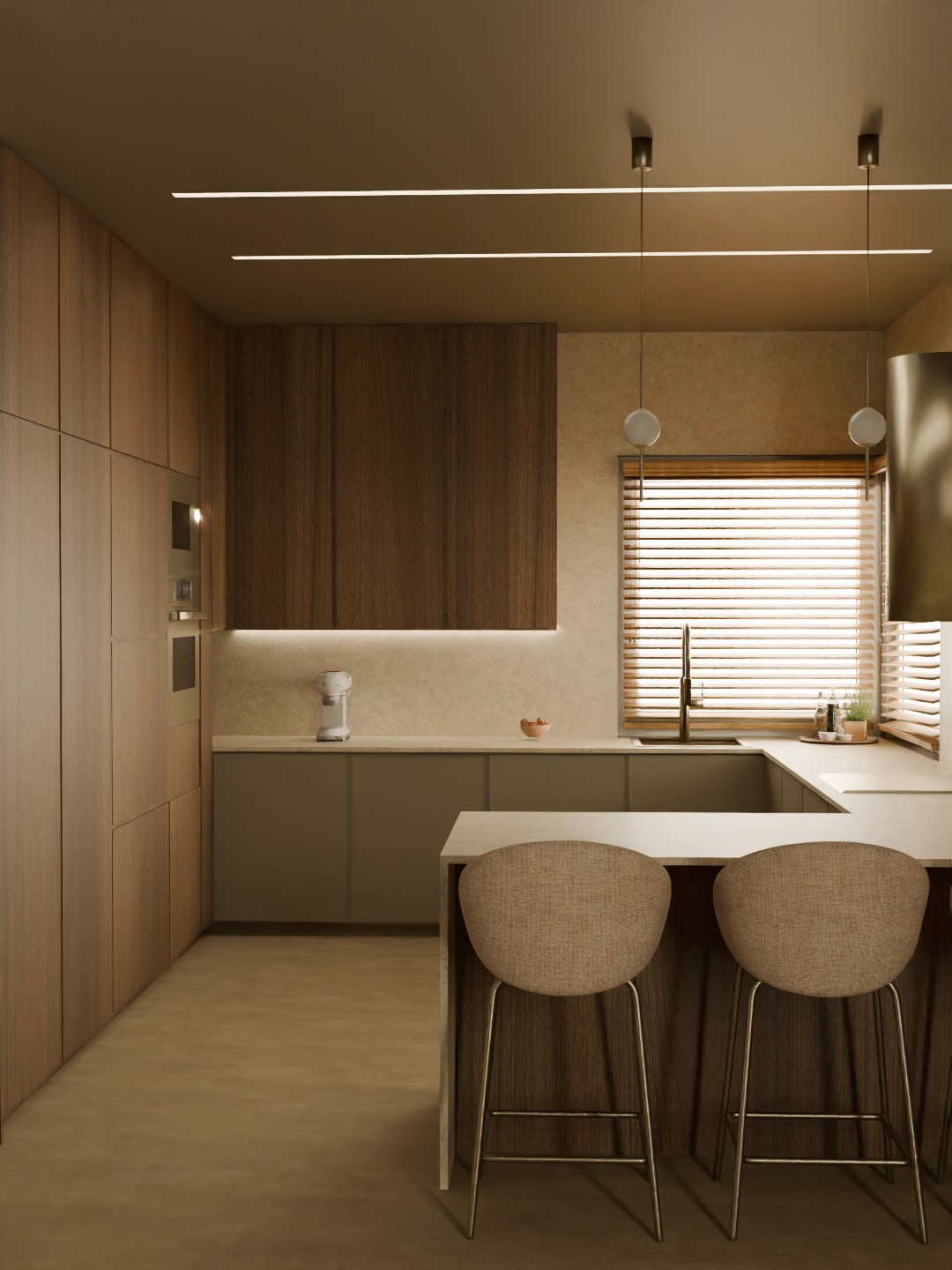 Nowoczesna kuchnia z drewnianymi szafkami, wyspą i hokerami. Oświetlenie liniowe LED i żaluzje w oknach dodają elegancji. Widoczny ekspres do kawy i drobne dekoracje.