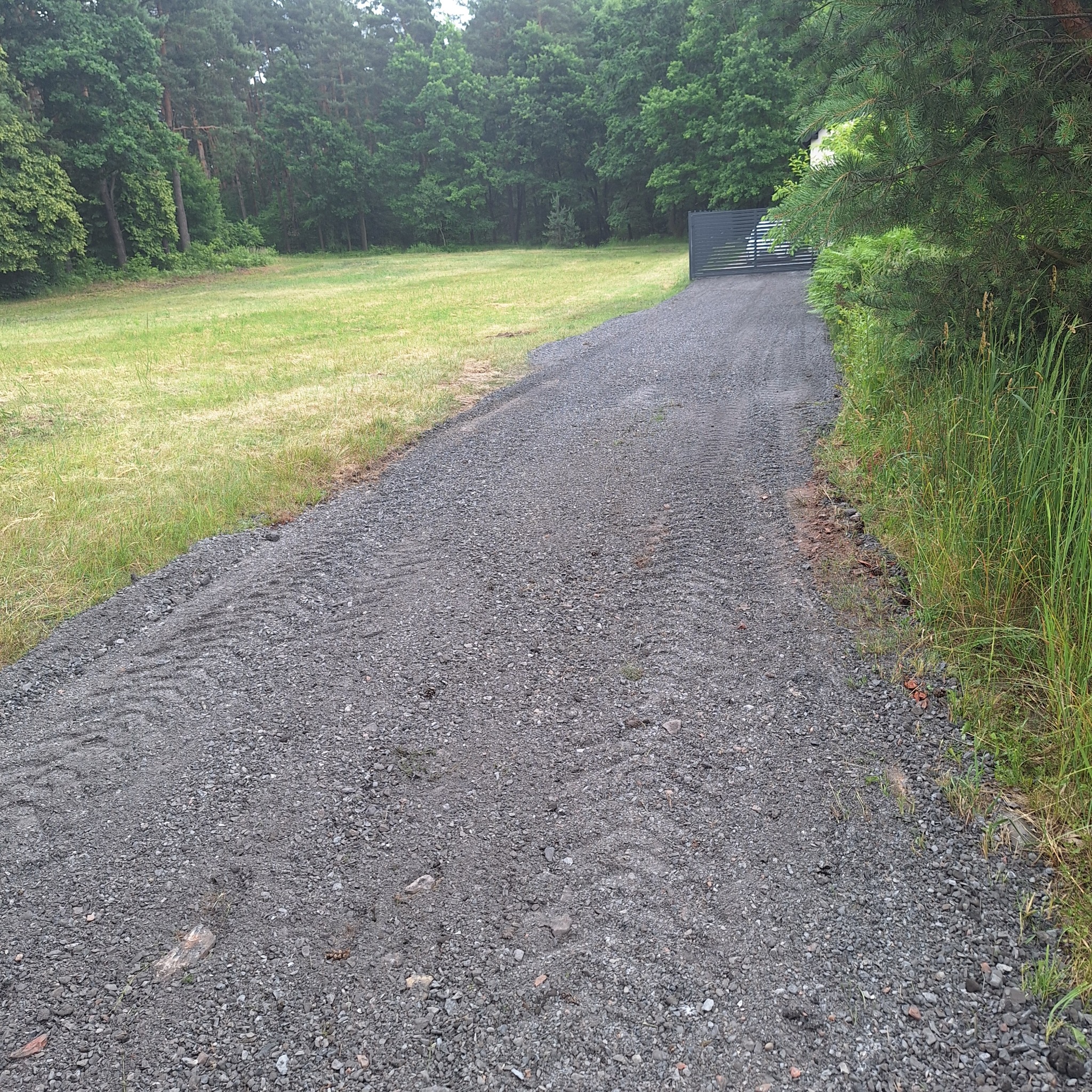Utwardzona, szara droga z kruszywa prowadząca do metalowej bramy w tle, otoczona zielenią trawy i drzew. Widoczne ślady opon. Ujęcie z poziomu gruntu.