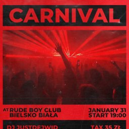 Dawid Ślusarczyk - Czerwony plakat imprezy karnawałowej w Rude Boy Club Bielsko-Biała, 31 stycznia, start 19:00. DJ Justdejwid. W tle sylwetki ludzi i czerwone światła.