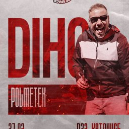 Dawid Ślusarczyk - Plakat wydarzenia muzycznego 'DIHO POLMETER' w P23 Katowice, 27.03. Uśmiechnięty mężczyzna w okularach słonecznych na tle czerwonych napisów i logo 'OUT OF SPACE'.