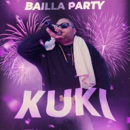 Dawid Ślusarczyk - Plakat imprezy urodzinowej KUKI z datą 23.01.26, napisem BAILLA PARTY, w tle fajerwerki i wokalista z mikrofonem na fioletowym tle.
