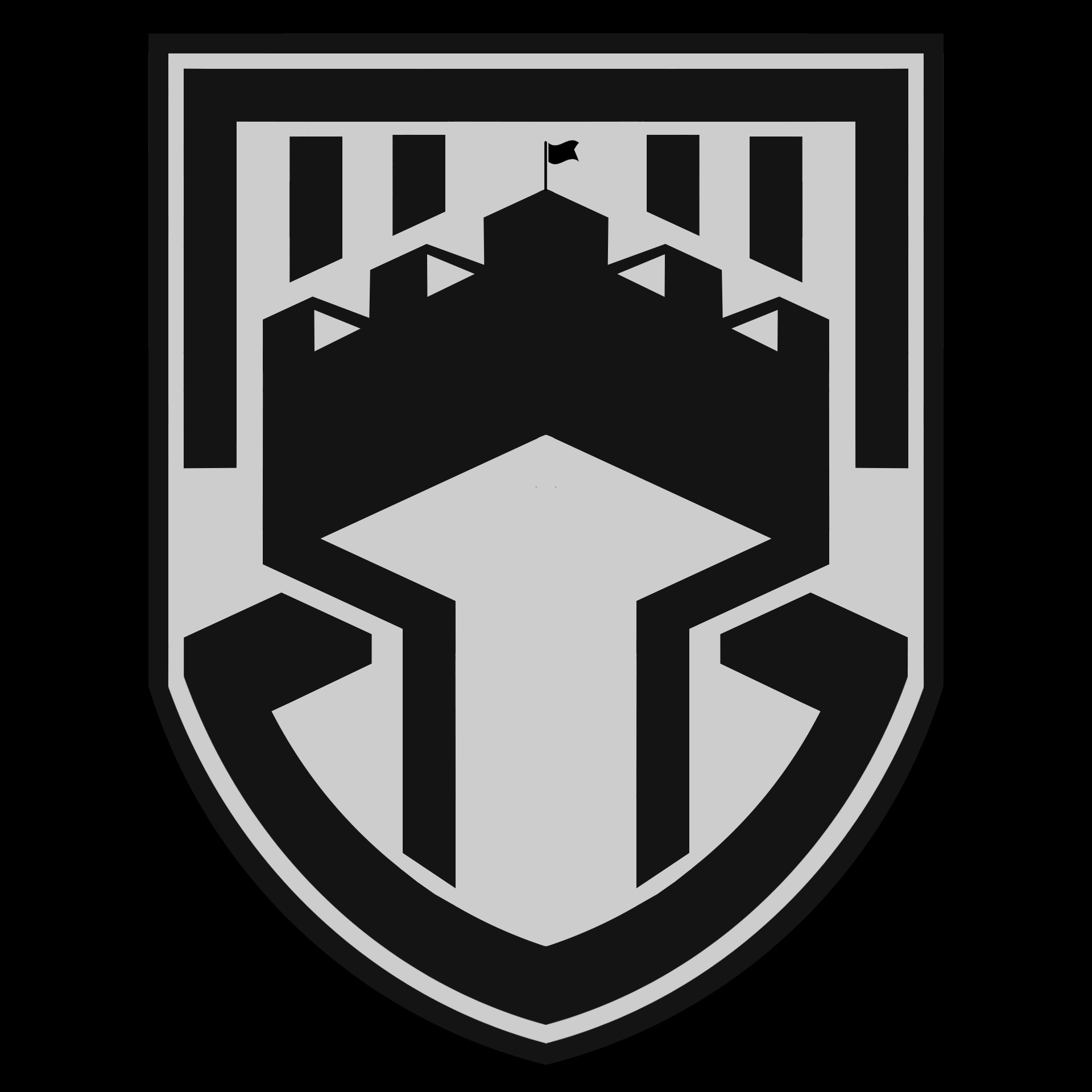 Graficzny herb w odcieniach szarości na czarnym tle. Stylizowana forteca z flagą na szczycie, zamknięta w tarczy herbowej. Minimalistyczny, nowoczesny design.