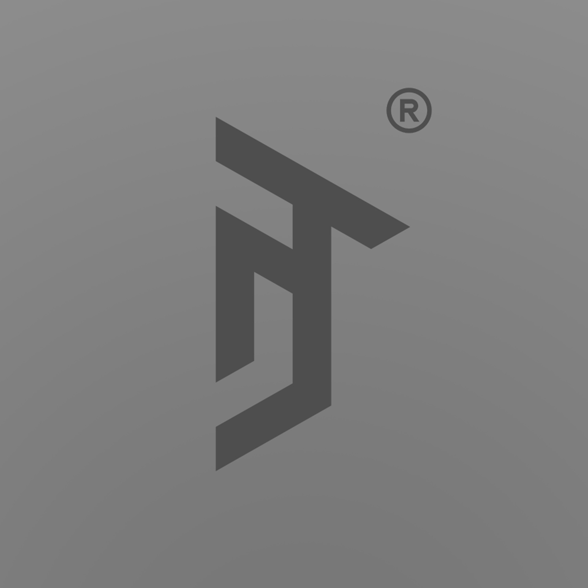 Abstrakcyjne logo w odcieniach szarości z symbolem ® w prawym górnym rogu. Geometryczny kształt przypomina stylizowaną literę, tworząc minimalistyczny i nowoczesny design.