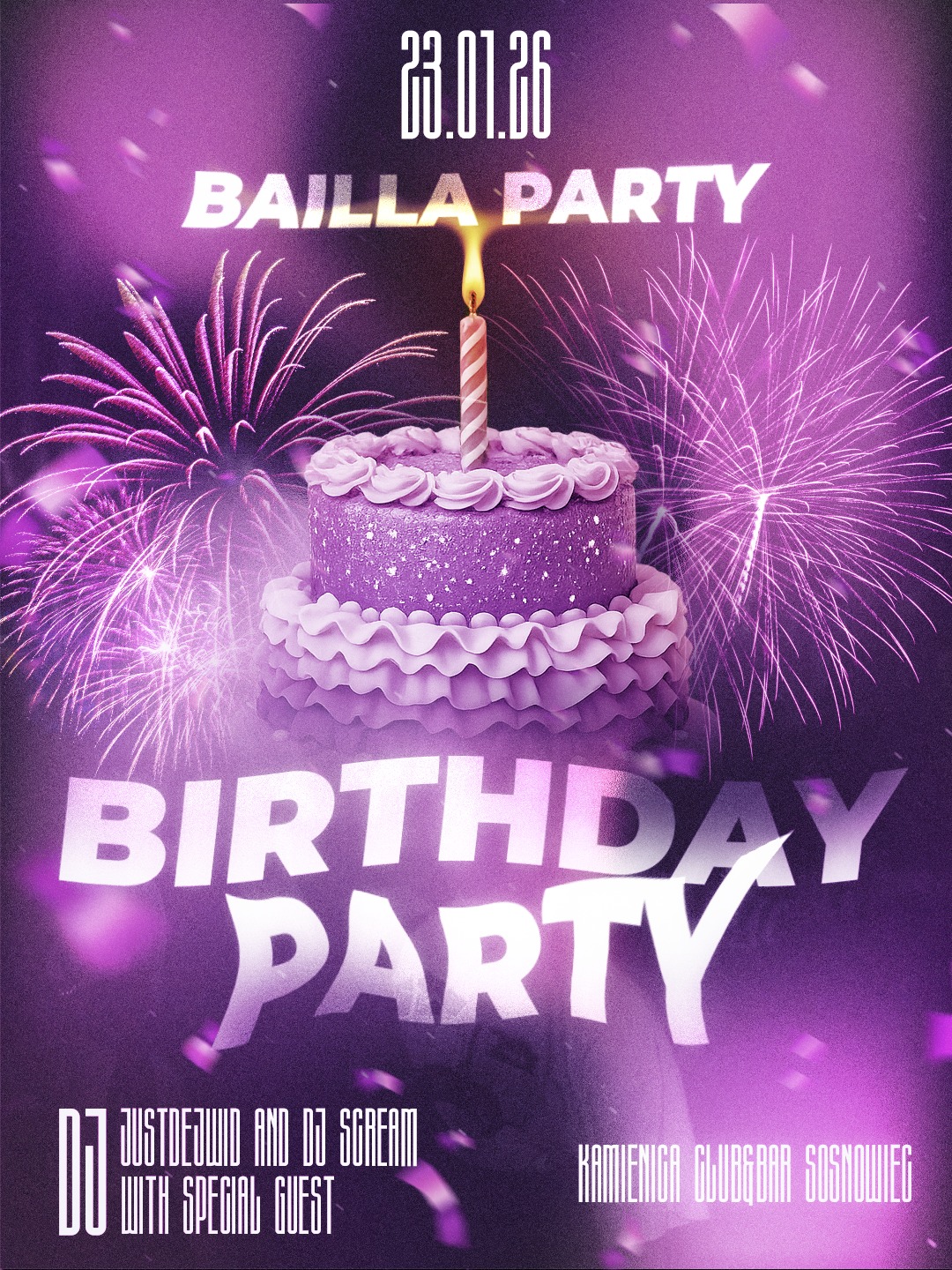 Fioletowy plakat urodzinowy z tortem, świeczką, fajerwerkami i informacjami o DJ-ach w Kamienicy Club&Bar Sosnowiec, 23.01.26. Grafika w stylu retro.