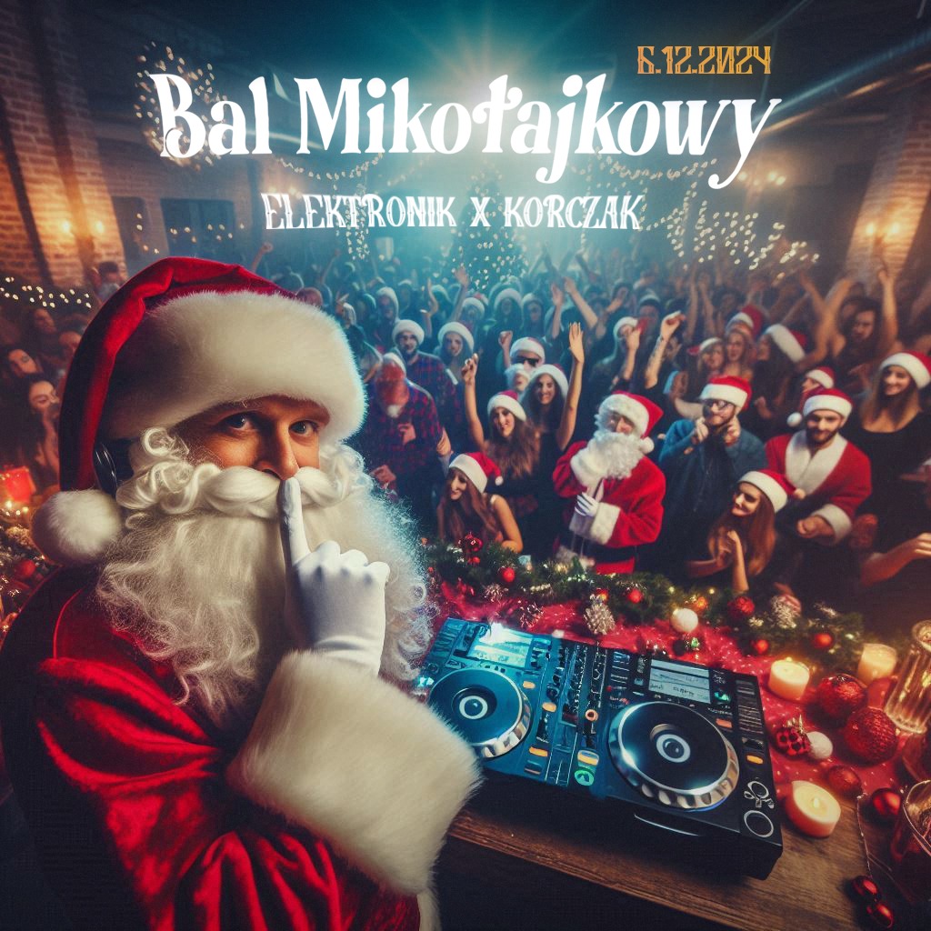 Plakat 'Bal Mikołajkowy' z DJ-em Mikołajem przy konsolecie, tłum w tle, dekoracje świąteczne i data 6.12.2024. Unikalny, artystyczny styl graficzny.