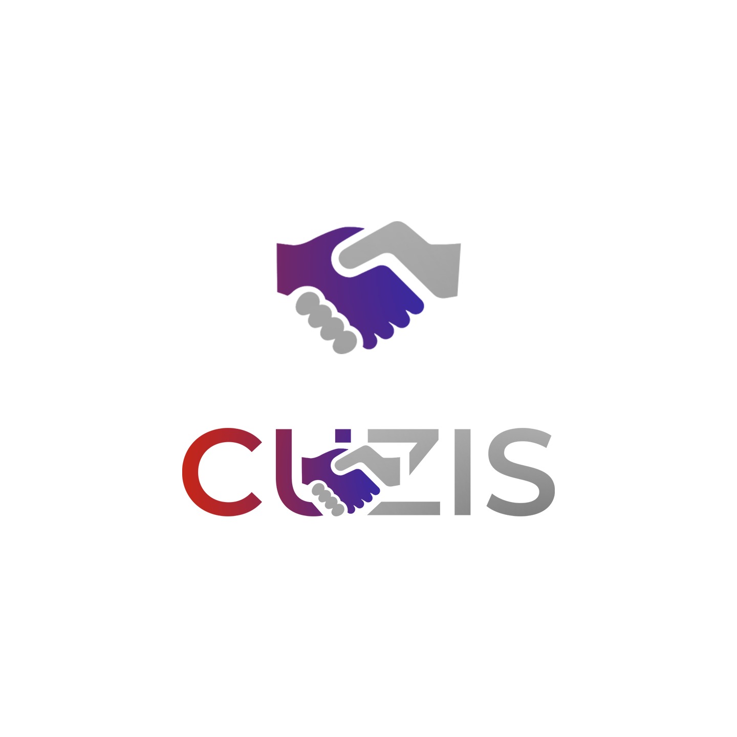 Gradientowe logo firmy z motywem uścisku dłoni, w odcieniach czerwieni, fioletu i szarości, na białym tle. Minimalistyczny design.