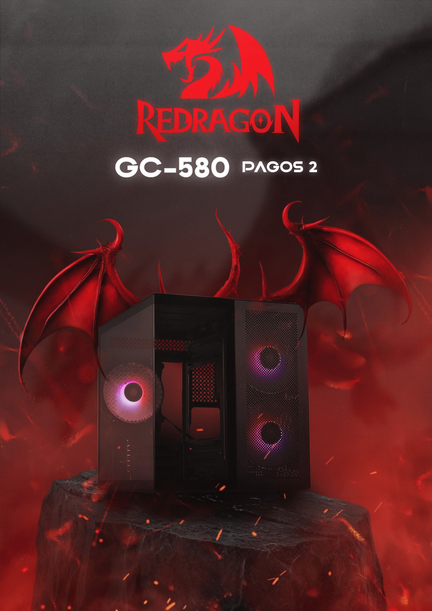 Czarna obudowa komputera Redragon GC-580 PAGOS 2 z podświetlanymi wentylatorami RGB, umieszczona na skale z efektem ognia i czerwonymi skrzydłami demona.