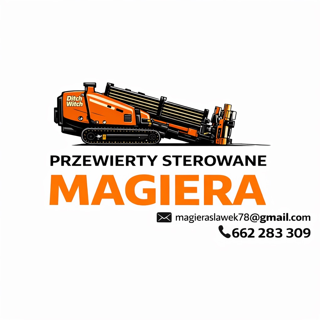 Ilustracja pomarańczowej maszyny Ditch Witch do przewiertów sterowanych, nazwa firmy Magiera, adres e-mail i numer telefonu na białym tle.
