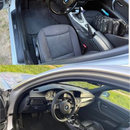 JBB Garage - BMW E91 zmodernizowane wnętrze: czarna podsufitka, elementy Piano Black, kierownica M-pakiet, fotele skórzane M-pakietowe z F30, skórzana kanapa i boczki.