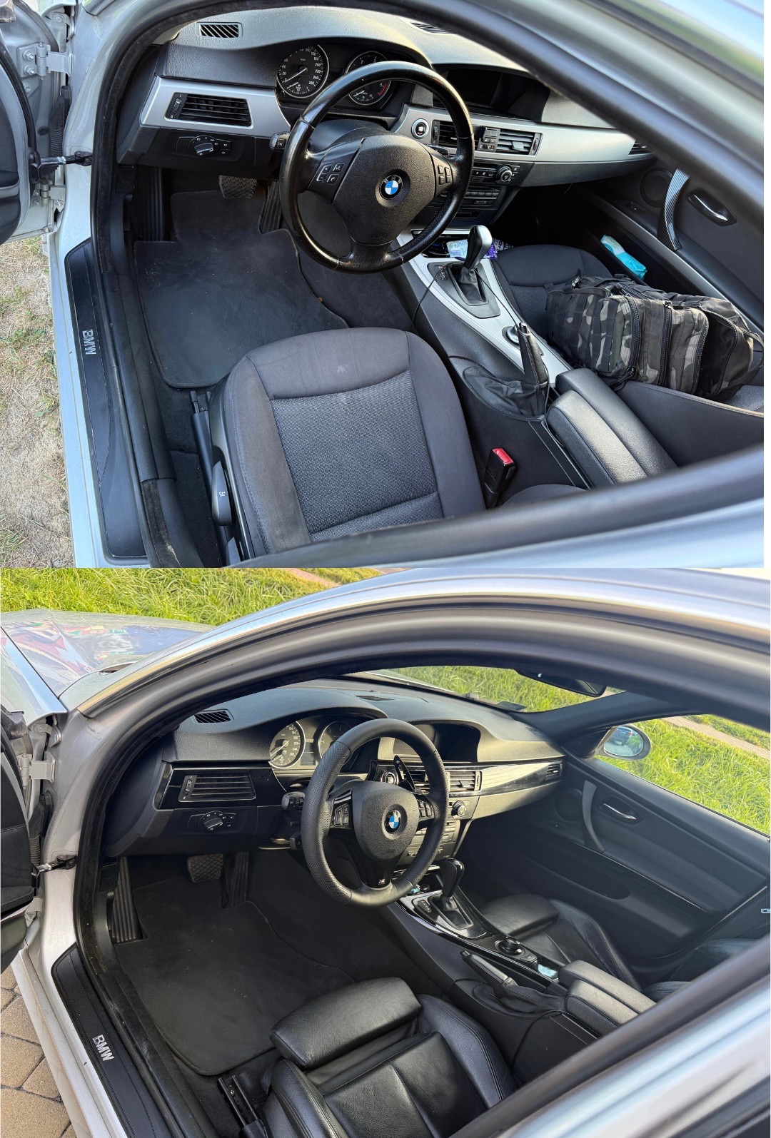 BMW E91 zmodernizowane wnętrze: czarna podsufitka, elementy Piano Black, kierownica M-pakiet, fotele skórzane M-pakietowe z F30, skórzana kanapa i boczki.