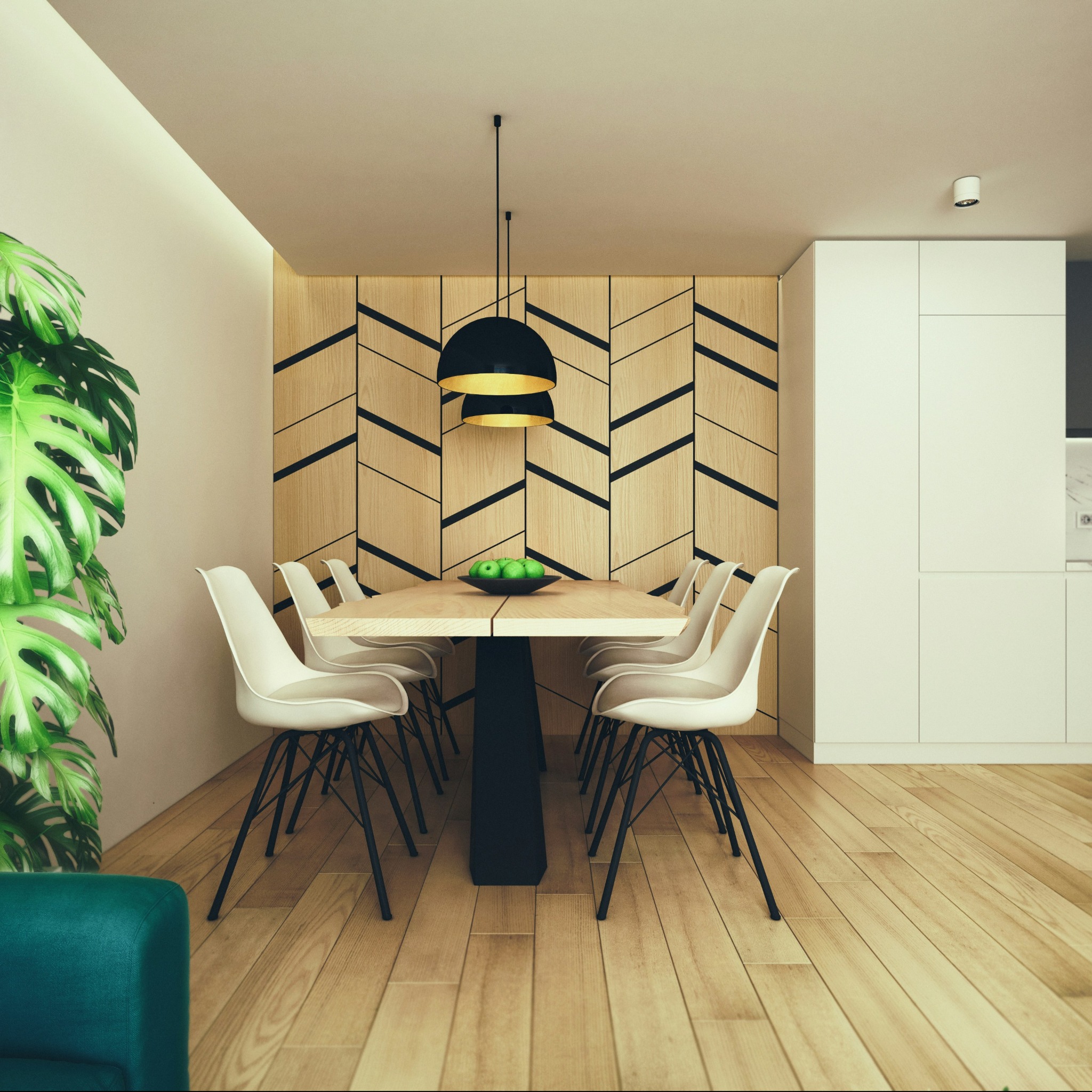 Nowoczesna jadalnia z drewnianą ścianą w geometryczny wzór, stół z owocami i krzesła w stylu skandynawskim. Uwagę przykuwa designerska lampa i parkiet w ciepłym odcieniu.