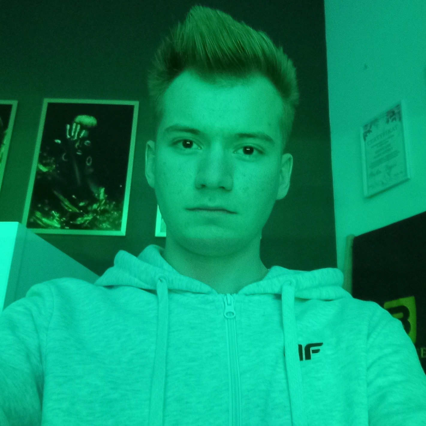 Młody mężczyzna w szarej bluzie z kapturem, oświetlony zielonym światłem, z plakatami i certyfikatem w tle. Nietypowe oświetlenie nadaje zdjęciu unikalny charakter.