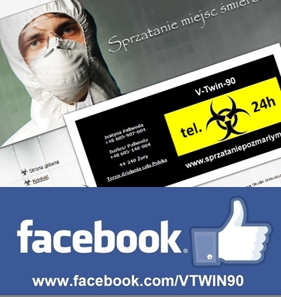 Grafika reklamowa firmy V-Twin-90, oferującej sprzątanie miejsc po zgonach. Widoczny pracownik w kombinezonie ochronnym, dane kontaktowe i logo Facebook.