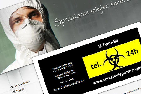 Grafika reklamowa firmy V-Twin-90 oferującej sprzątanie po zgonach, z pracownikiem w kombinezonie ochronnym i symbolem biohazard. Dostępność 24h, dane kontaktowe.