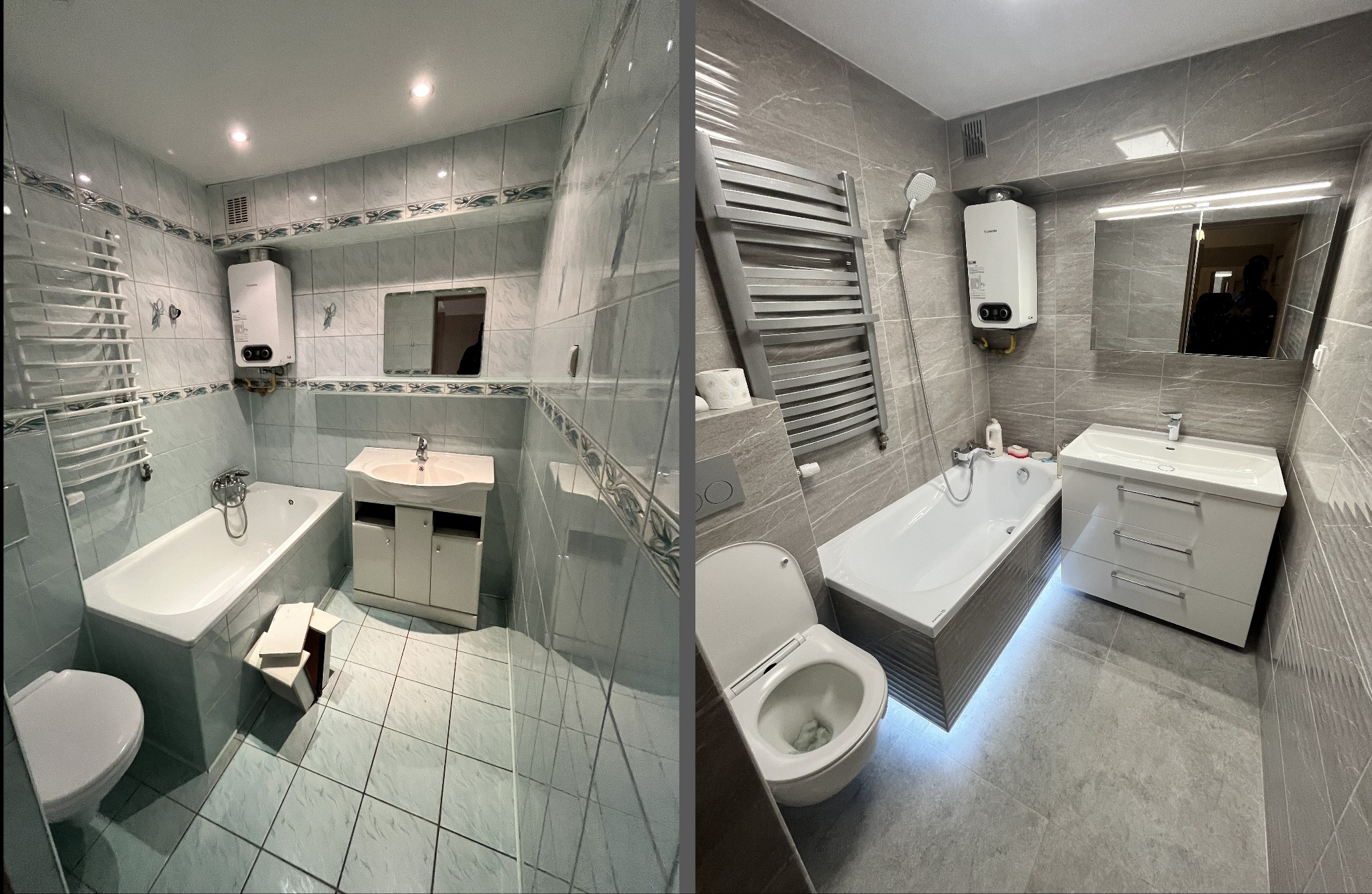 Zdjęcie 'przed i po' prezentujące metamorfozę łazienki: od jasnych, wzorzystych płytek do szarych, nowoczesnych. Widoczna zmiana armatury i oświetlenia.