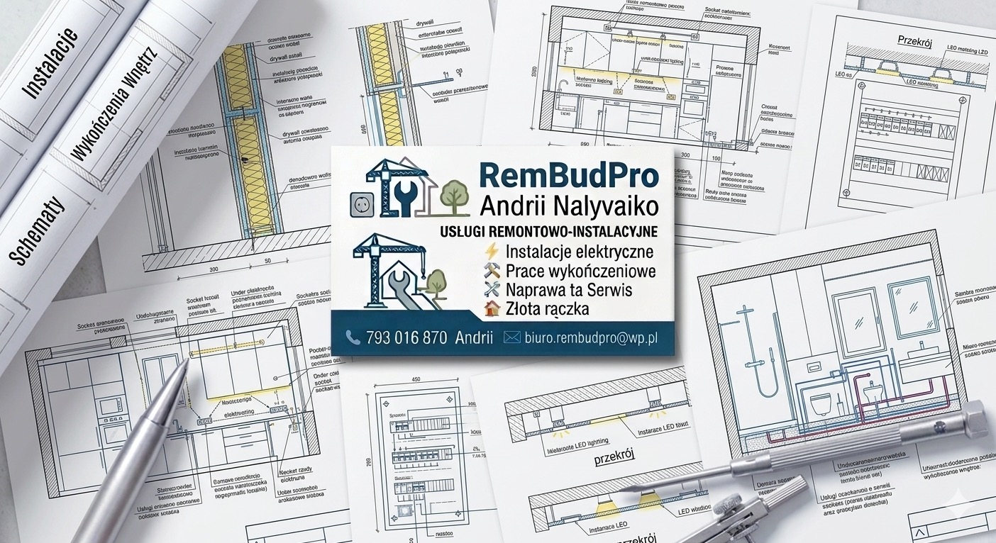 Schematy instalacji elektrycznych i wykończeniowych, plany wnętrz z detalami technicznymi, wizytówka firmy remontowo-instalacyjnej RemBudPro Andrii Nalyvaiko.