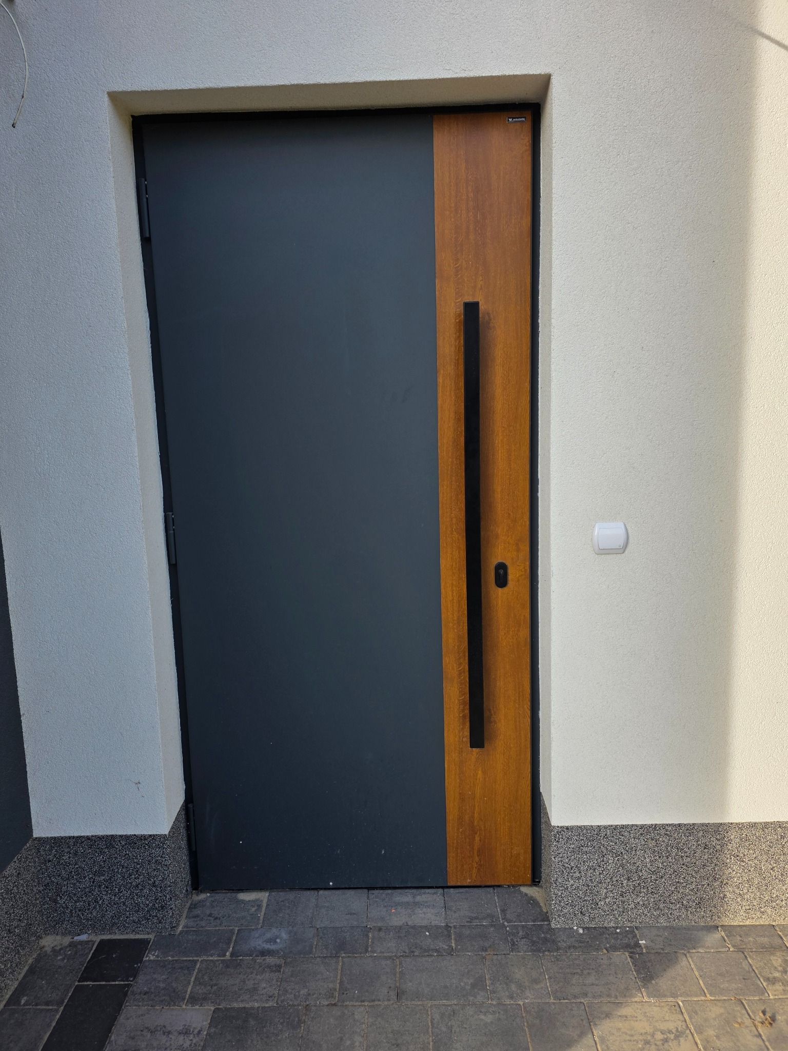 Nowoczesne drzwi wejściowe z drewnianym panelem i długim, czarnym uchwytem, wkomponowane w jasną elewację budynku. Minimalistyczny design i solidne wykonanie.