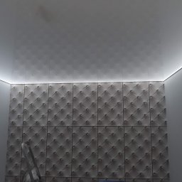 REMAR MARIUSZ GODLEWSKI - Panel dekoracyjny 3D na ścianie z oświetleniem LED podsufitowym. Widoczny fragment drabiny malarskiej. Eleganckie wykończenie wnętrza w odcieniach szarości.