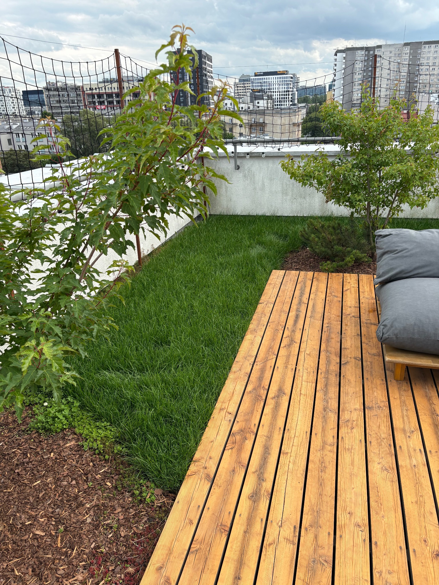 Zielony dach z trawą, drzewami i drewnianym tarasem. W tle zabudowa miejska pod pochmurnym niebem. Unikalna aranżacja przestrzeni na dachu budynku.