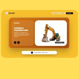 WebMaker - Żółta strona internetowa z koparką gąsienicową. Grafika prezentuje ofertę wynajmu ciężkiego sprzętu budowlanego, z hasłem 'Koparka gąsienicowa' i przyciskiem rezerwacji.