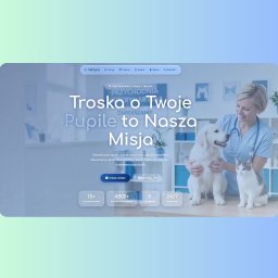 WebMaker - Strona internetowa weterynarza VetCare z hasłem 'Troska o Twoje Pupile to Nasza Misja', prezentująca uśmiechniętą lekarkę z psem i kotem na tle jasnego wnętrza.