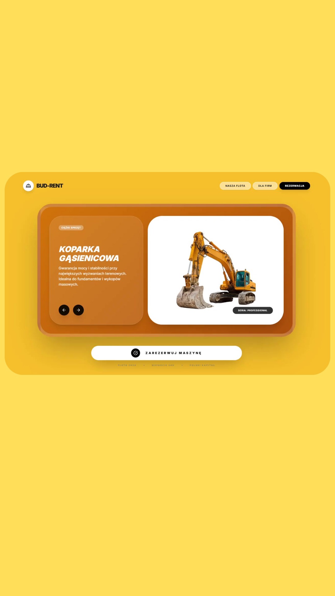 Żółta strona internetowa z koparką gąsienicową. Grafika prezentuje ofertę wynajmu ciężkiego sprzętu budowlanego, z hasłem 'Koparka gąsienicowa' i przyciskiem rezerwacji.