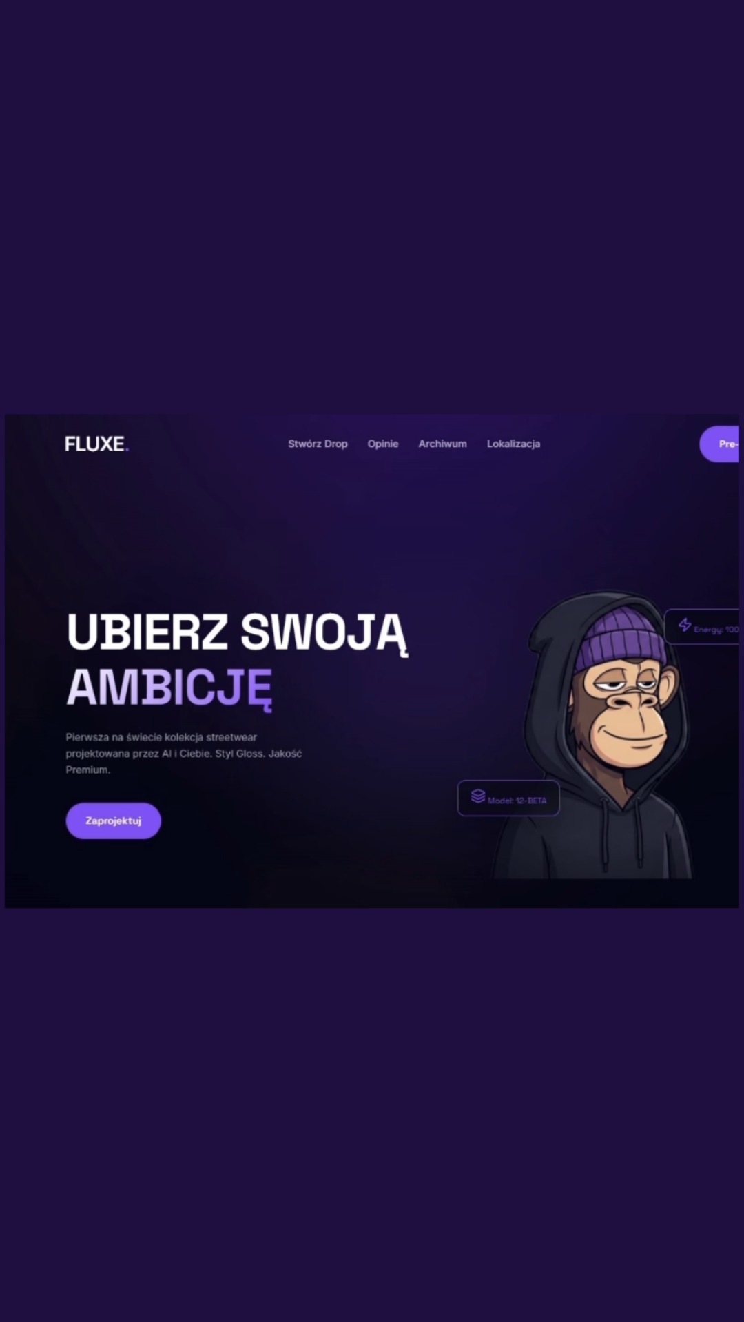 Strona internetowa z ciemnym motywem, prezentująca kolekcję streetwear z grafiką małpy w bluzie i czapce. Napis 'Ubierz swoją ambicję'.