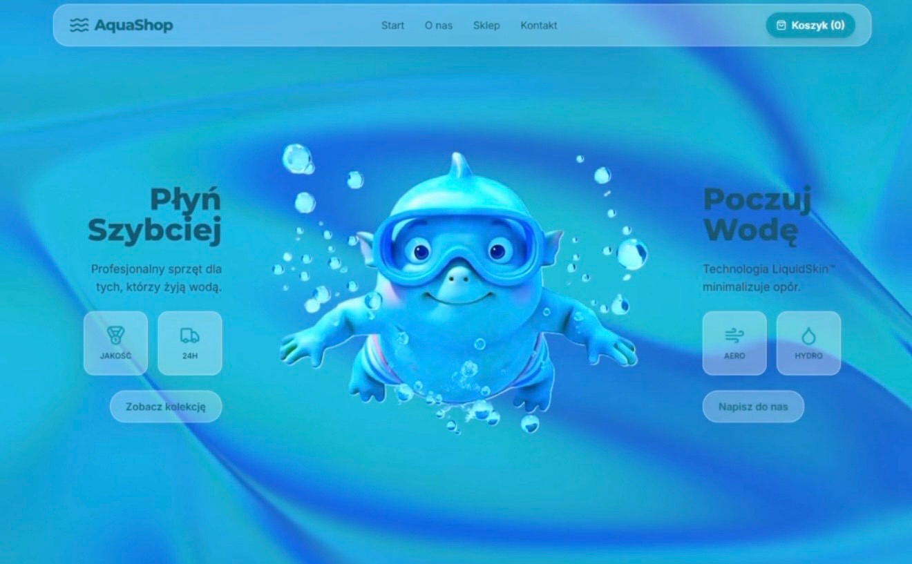Strona internetowa sklepu AquaShop z motywem wodnym i animowaną postacią w okularach do pływania. Kolorystyka w odcieniach błękitu. Widoczne menu i przyciski nawigacyjne.