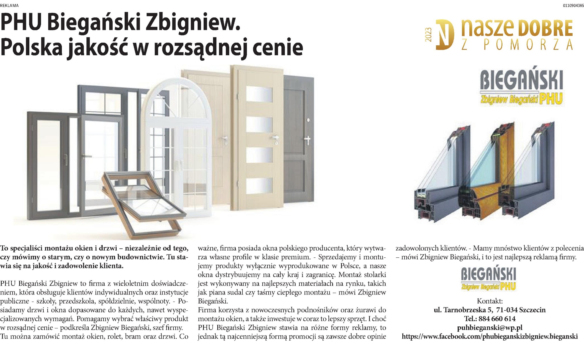 Reklama firmy PHU Biegański Zbigniew prezentująca różnorodne okna i drzwi: PCV, dachowe, zewnętrzne. Widoczne przekroje okien. Hasło: Polska jakość w rozsądnej cenie.