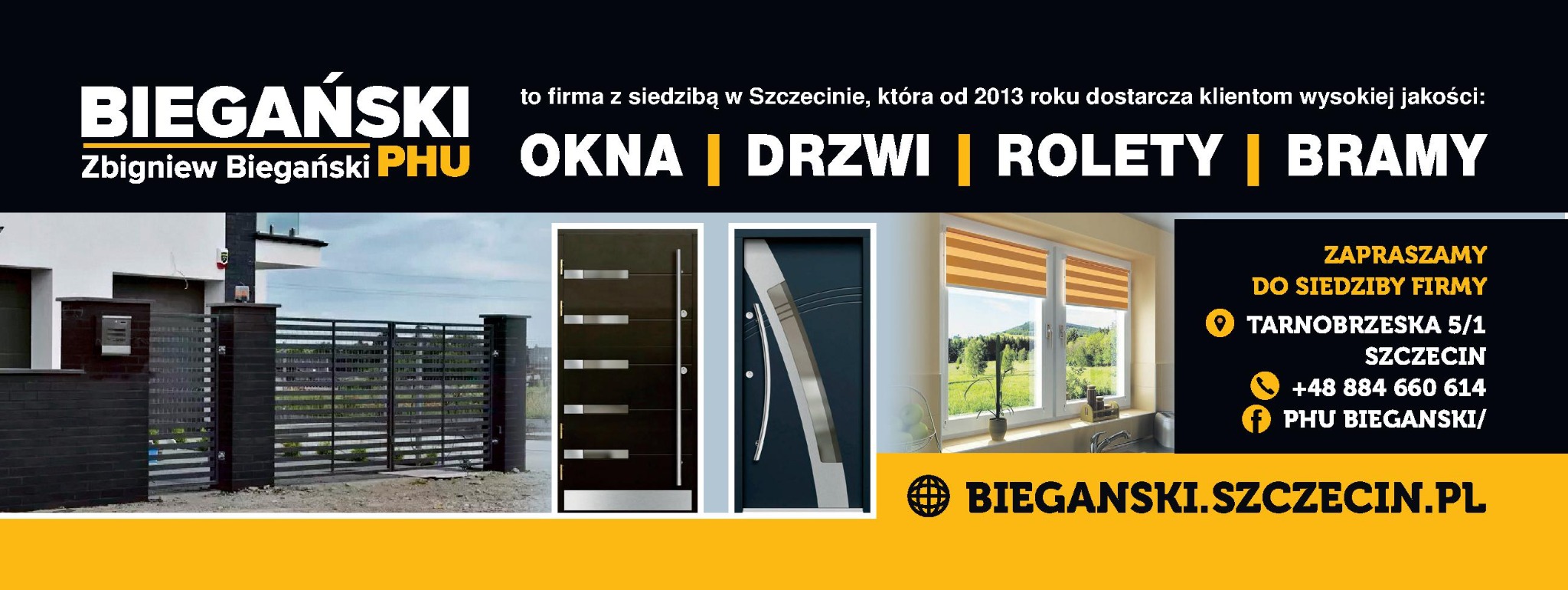 Kompozycja z bramą, drzwiami i roletami w oknach, prezentująca ofertę firmy z adresem i danymi kontaktowymi w Szczecinie. Nowoczesny design i estetyka.