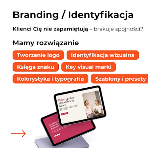 Branding i identyfikacja wizualna: oferta tworzenia logo, księgi znaku, kolorystyki, typografii i szablonów, prezentowana na ekranach tabletów i laptopa.